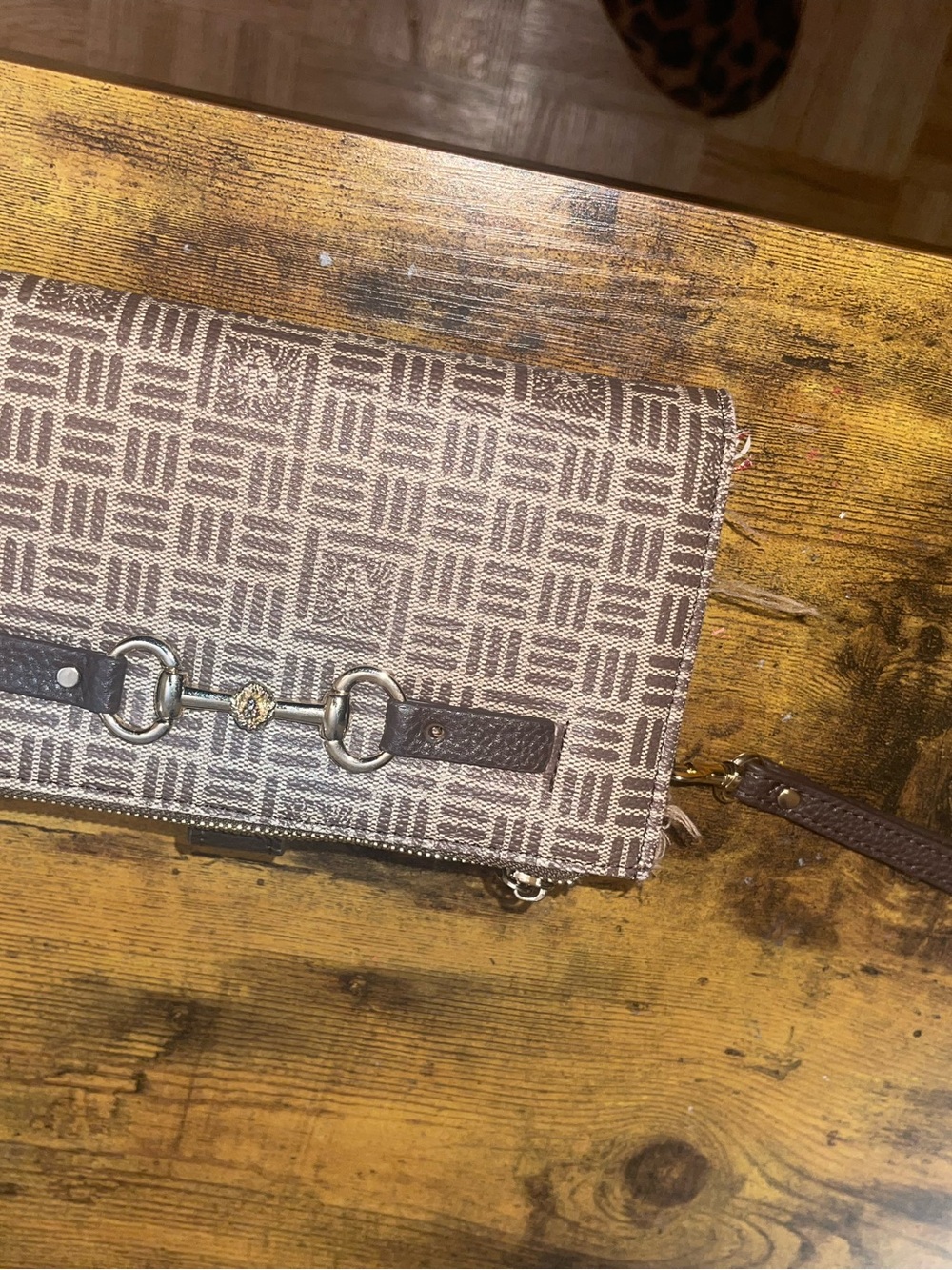 Brown Patterned Crossbody Clutch with Silver Hardware